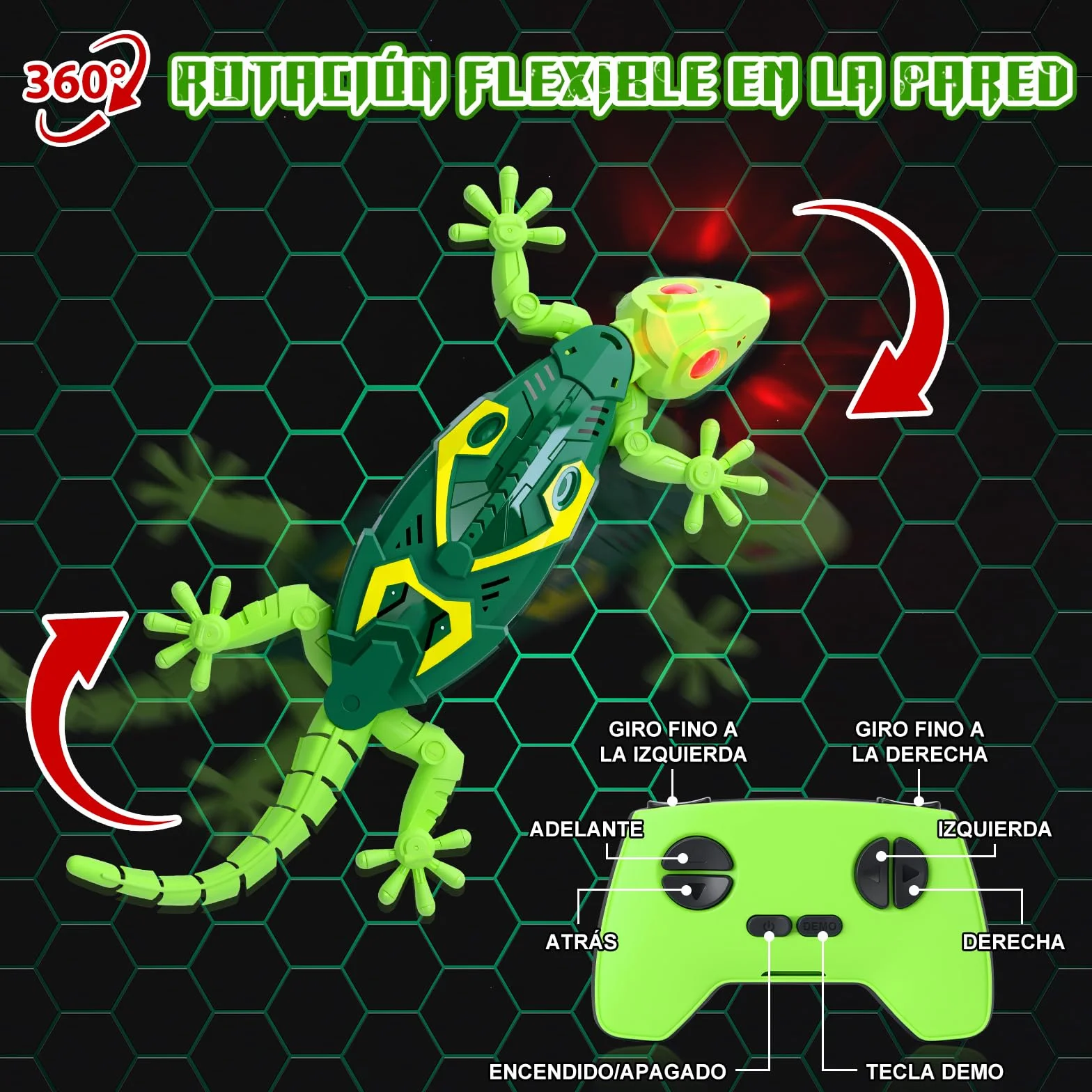 Charmofun Lagarto Trepador Paredes con Ojos LED, Gecko Juguete Realista para Niños 4+ Años (Verde)