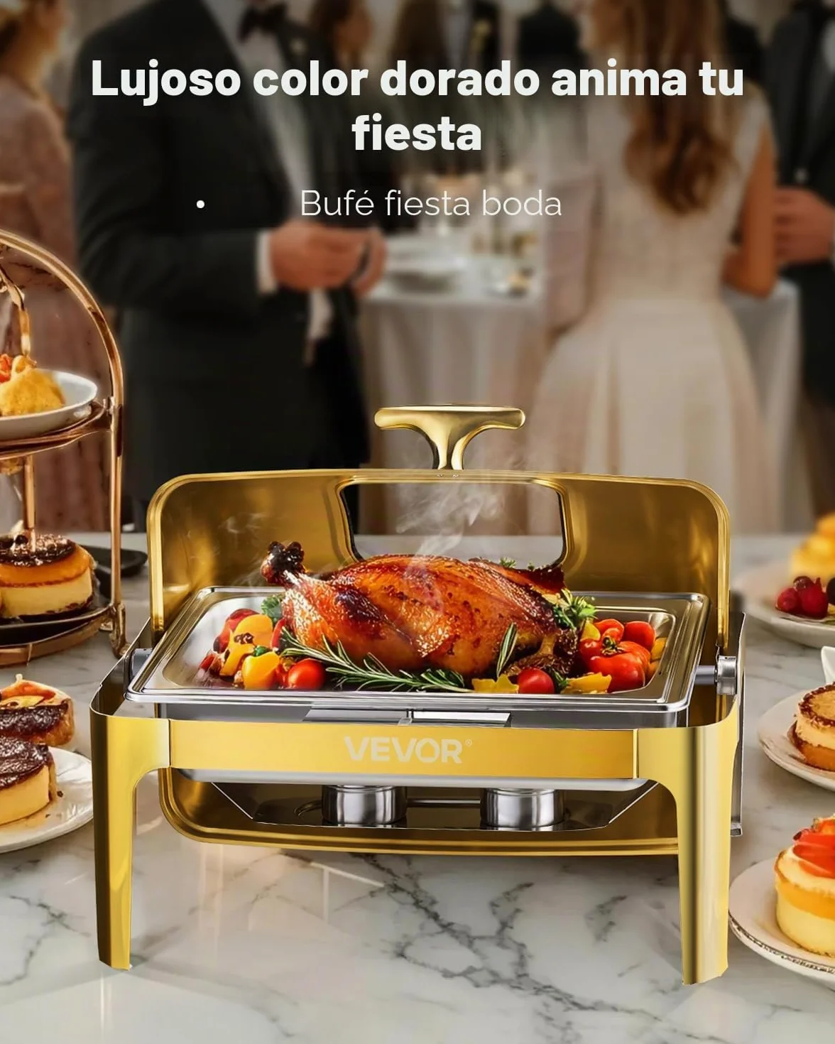VEVOR Juego de Calentador de Alimentos Acero Inoxidable con Sartenes Tamaño Completo(8,5 L), Rectangular, con Tapa Visible y Soporte para Bandeja de Agua y Depósito de Combustible, Dorado, 1 ud