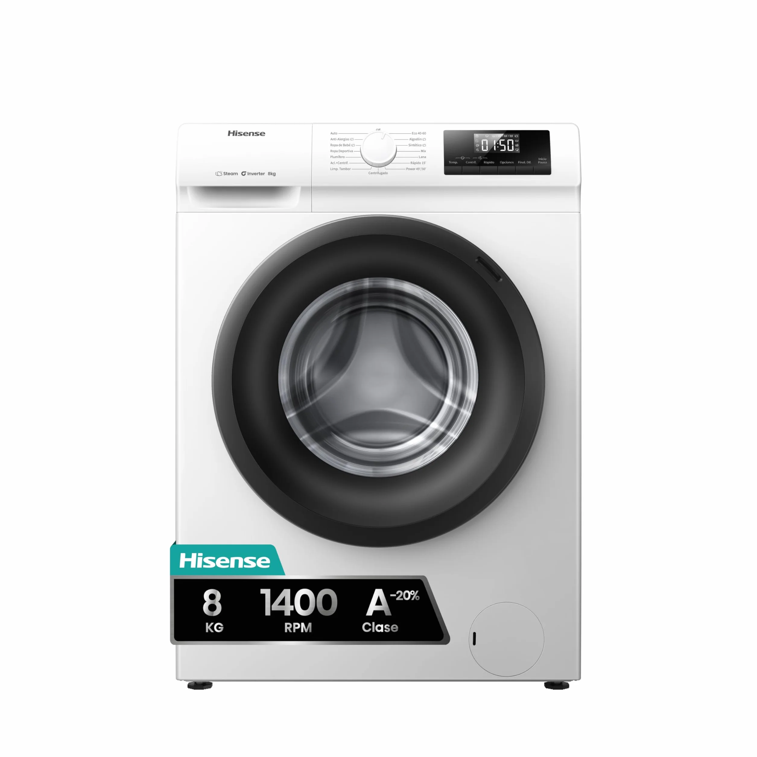 Hisense Lavadora 8 Kg 1400 rpm Clase A 85x60 cm Blanco Vapor 99,9% Inverter