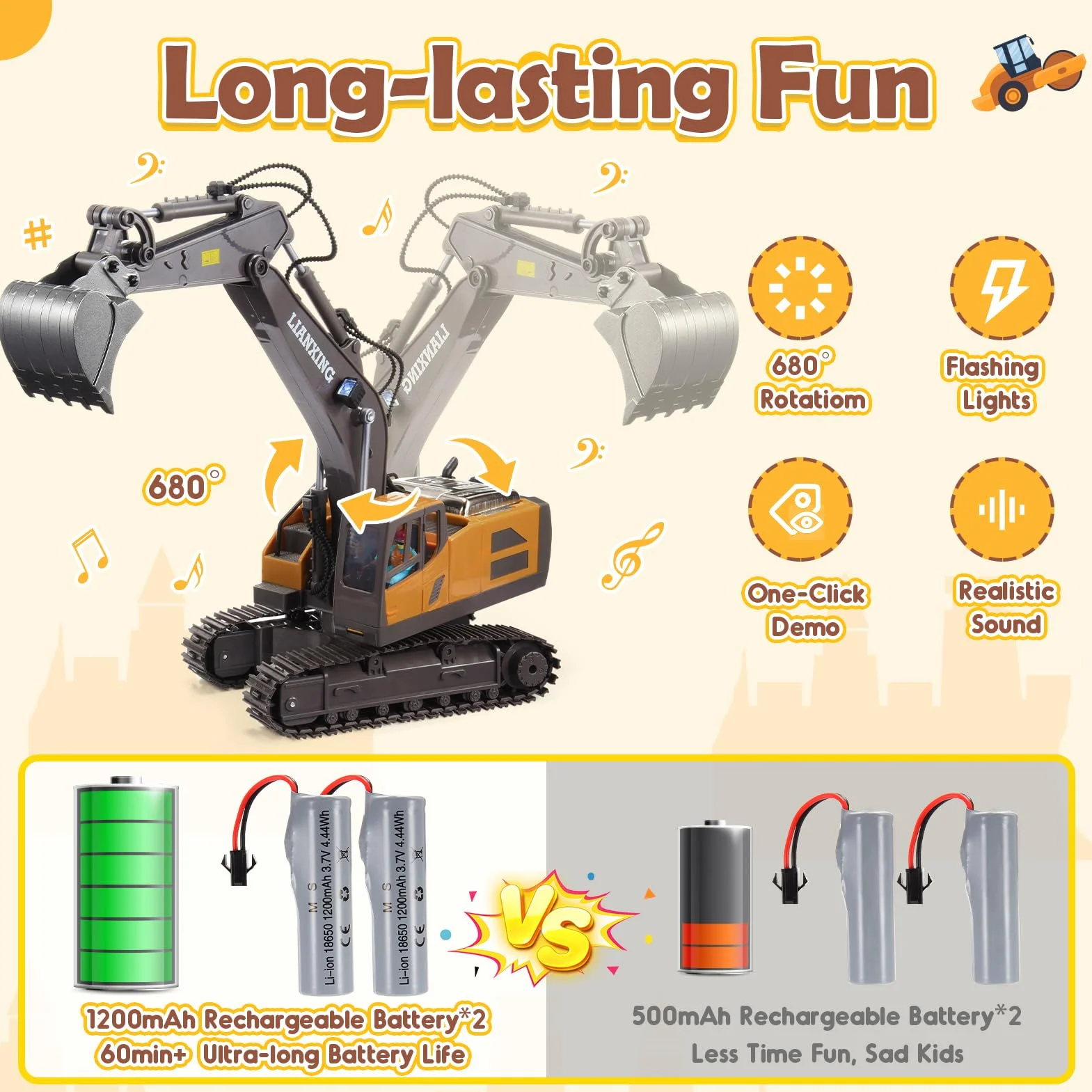 HappyGoLucky excavadora teledirigida RC 1:20 680° rotación con luces juguete para niños 3-8 años