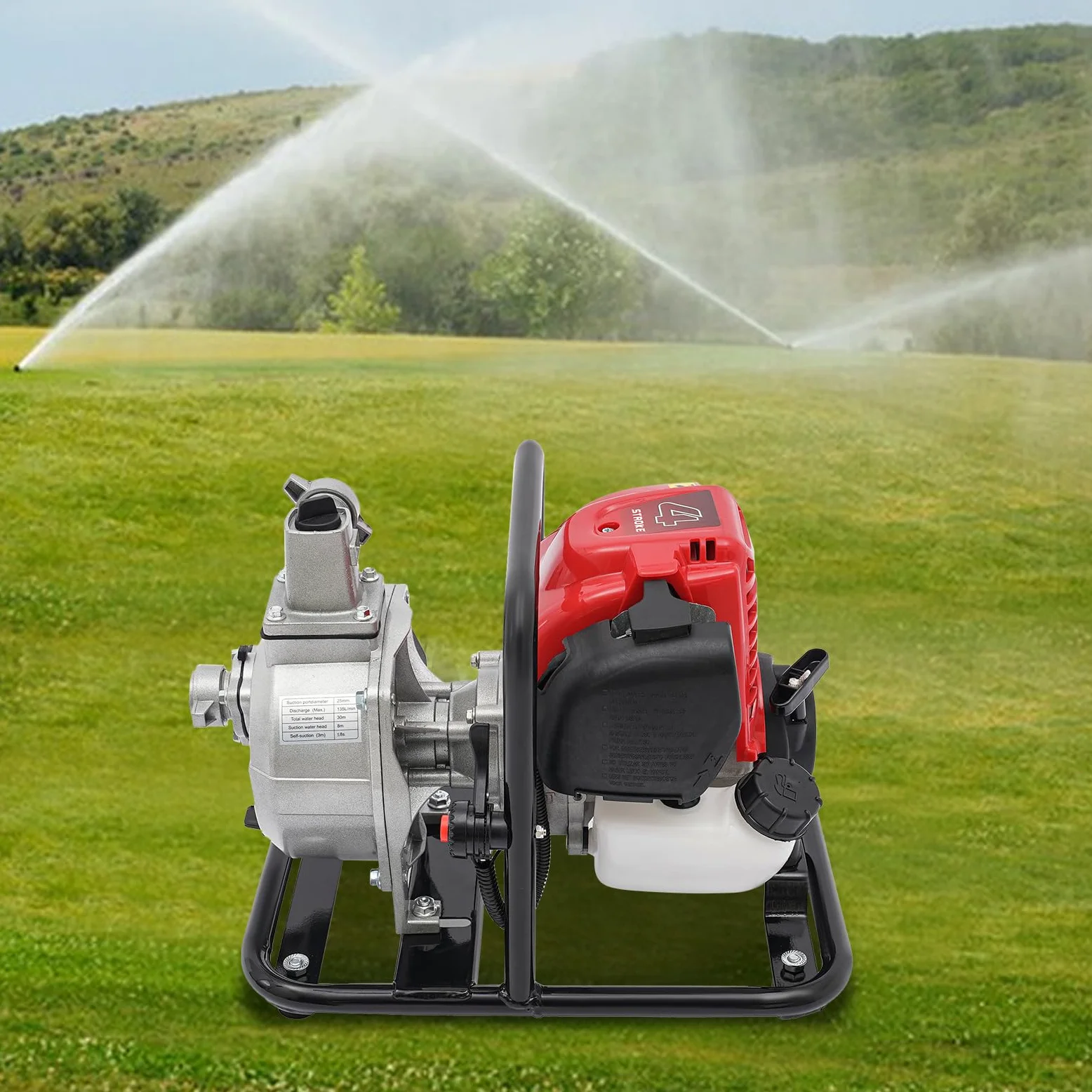 Bomba de agua de 38 cc, 1,2 kW, altura de extracción de 30 m, 8500 rpm, bomba de agua sucia con motor de 4 tiempos, bomba de gasolina, base de metal, asa de transporte
