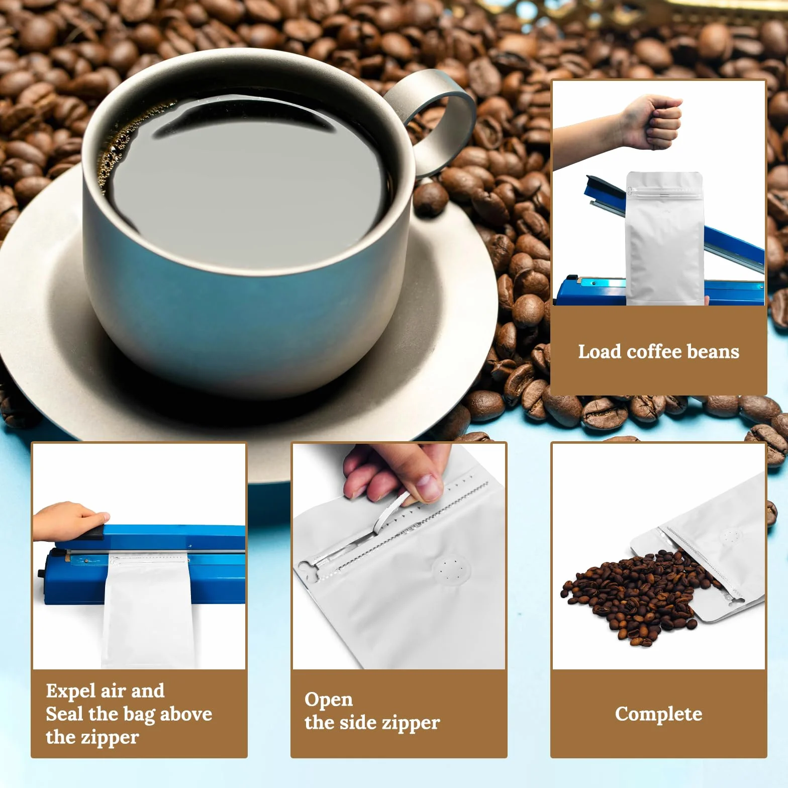 HUAYANG Bolsas de Café Estándar 60 uds Blanco con Válvula Resellable Cremallera