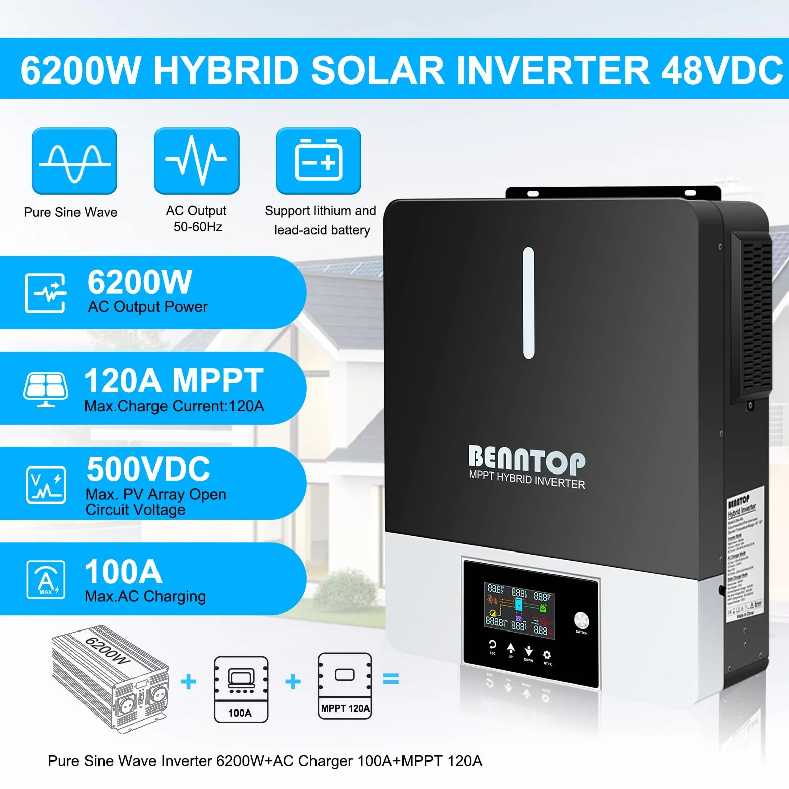 6200W Inversor Híbrido 48V Onda Sinusoidal Pura Off-Grid Inversor Solar,MAX.PV 500Vdc,120A MPPT,para autocaravanas, familias, Camping