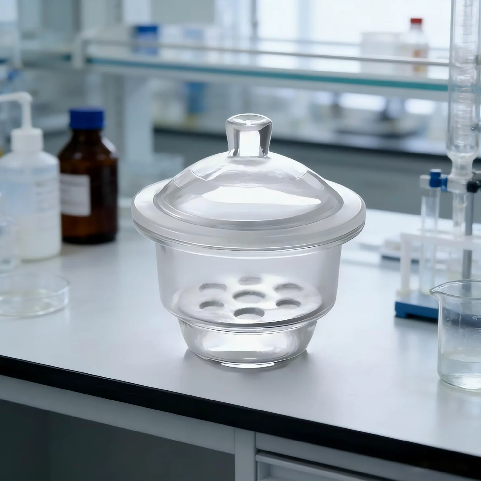 Los desecadores de vidrio para laboratorio, fabricados con vidrio de borosilicato, son resistentes a la corrosión y a las altas temperaturas, por lo que son adecuados para almacenar Transparent 150mm