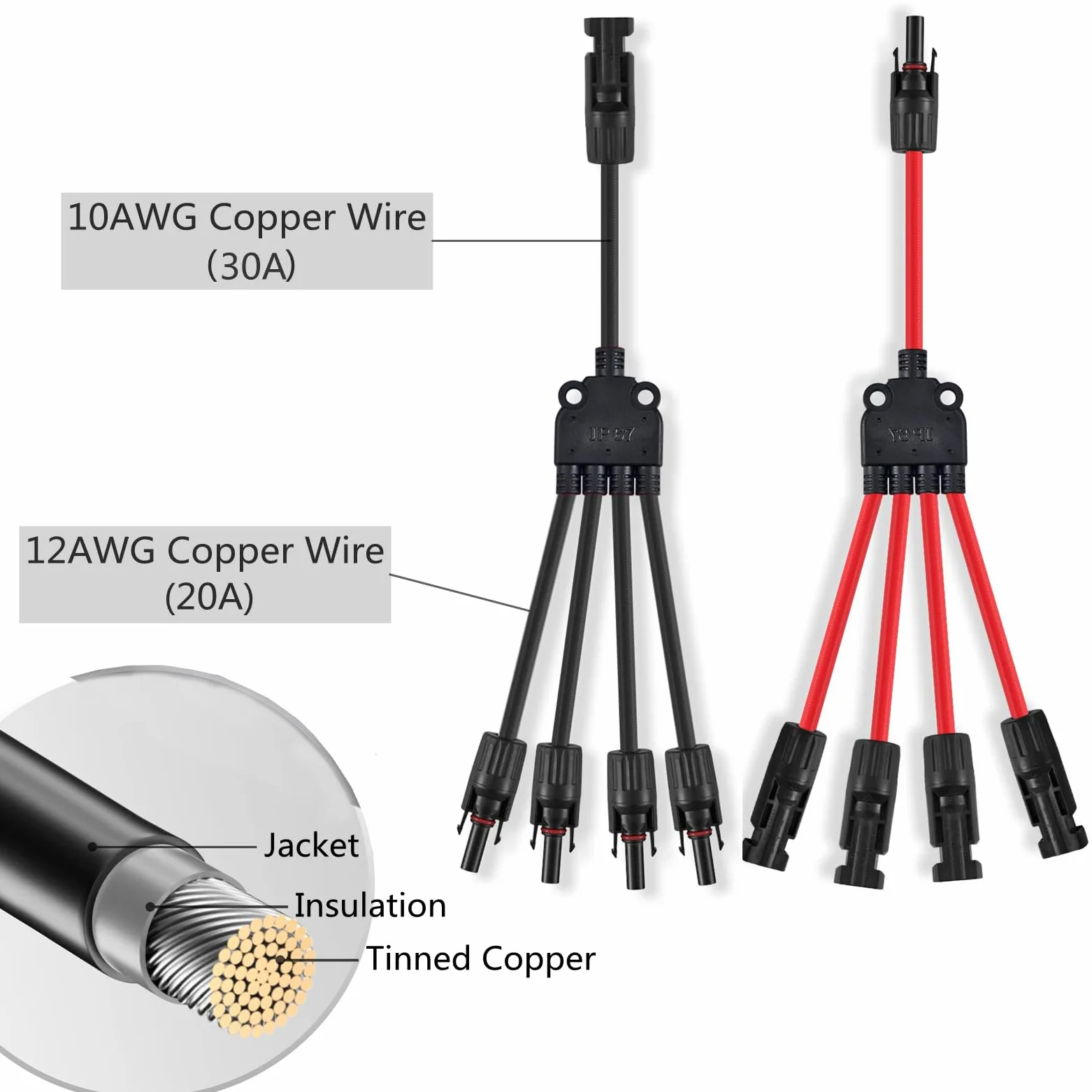 Conectores solares 4 a 1, adaptador paralelo de rama en Y para múltiples paneles solares (rojo y negro)