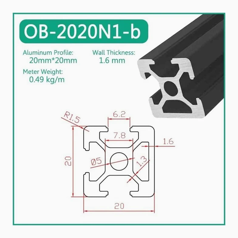 OB-2020N1-b Perfil De Aluminio Con Ranura En T, Marco DIY, Máquina Extrusión Riel Lineal, Metal, Sellado for Impresora 3D CNC, 1 Ud(900mm)
