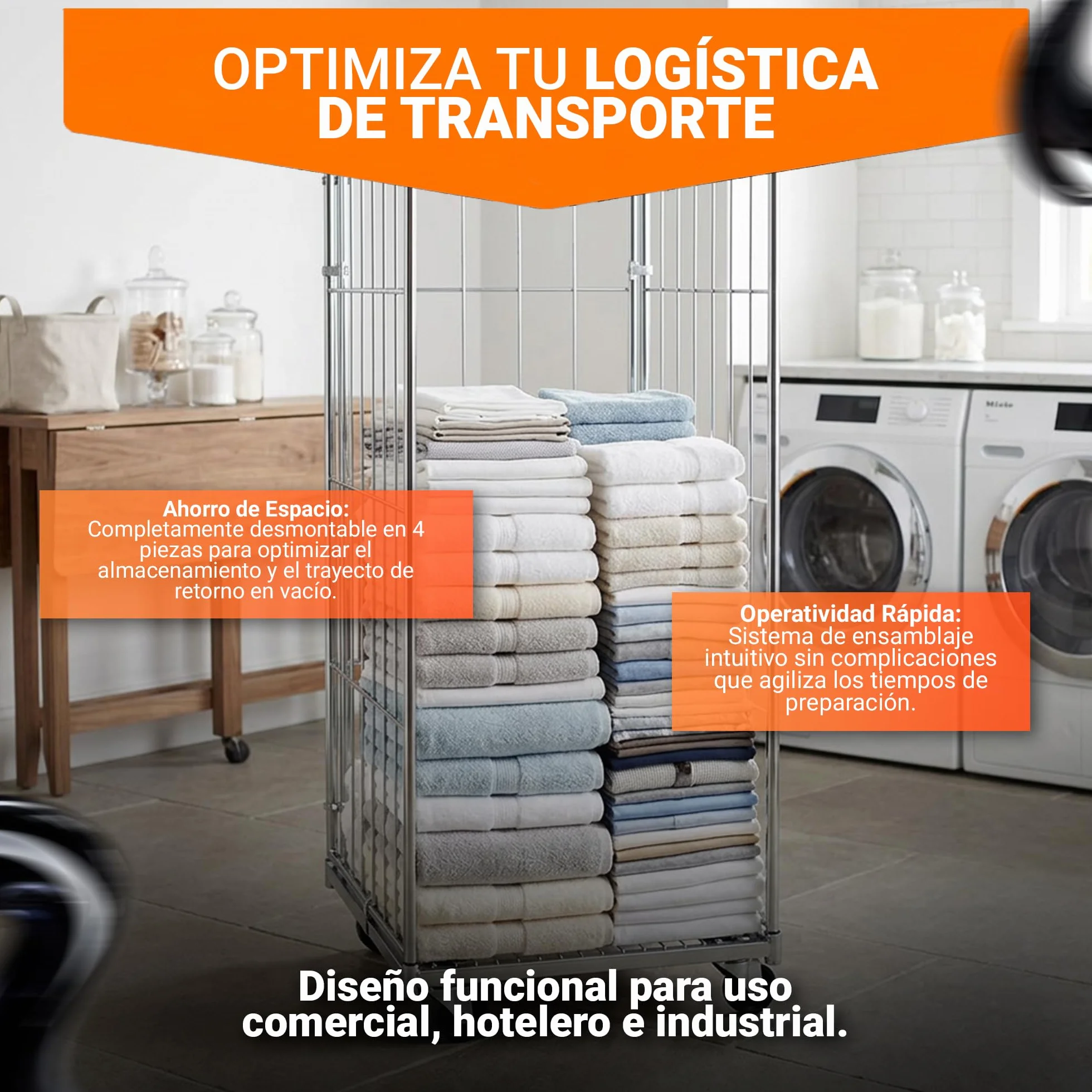 KM Roll Container 3 Lados – Carro Industrial con Ruedas Giratorias de 100mm, Estructura Zincada Resistente. Capacidad 400 kg, Diseño Desmontable. Ideal para Almacenes y Logística Profesional.