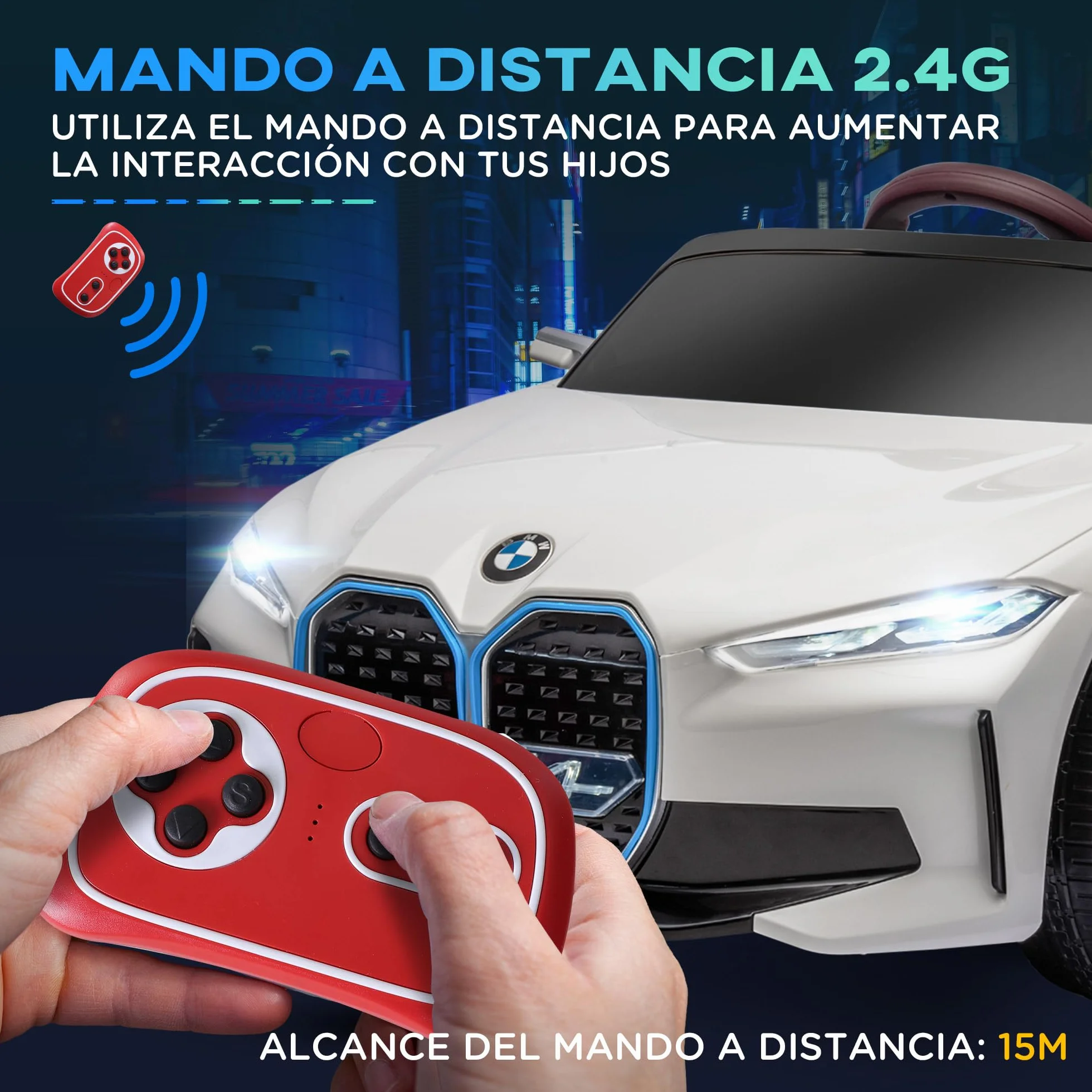 HOMCOM Coche Eléctrico para Niños BMW I4 12V con Control Remoto Música MP3 Pantalla Luces 115x67x45 cm Blanco