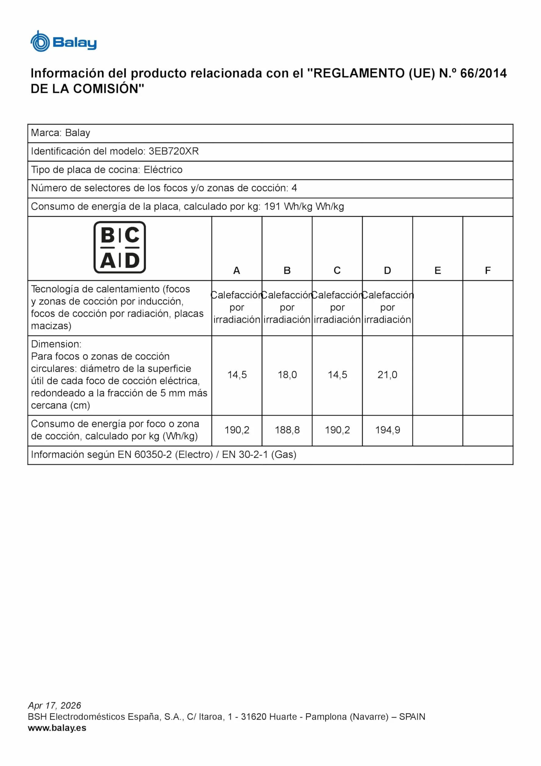 Balay 3EB720XR Vitroceramica 4 Zonas 1200 W Negro 48 x 583 x 513 mm