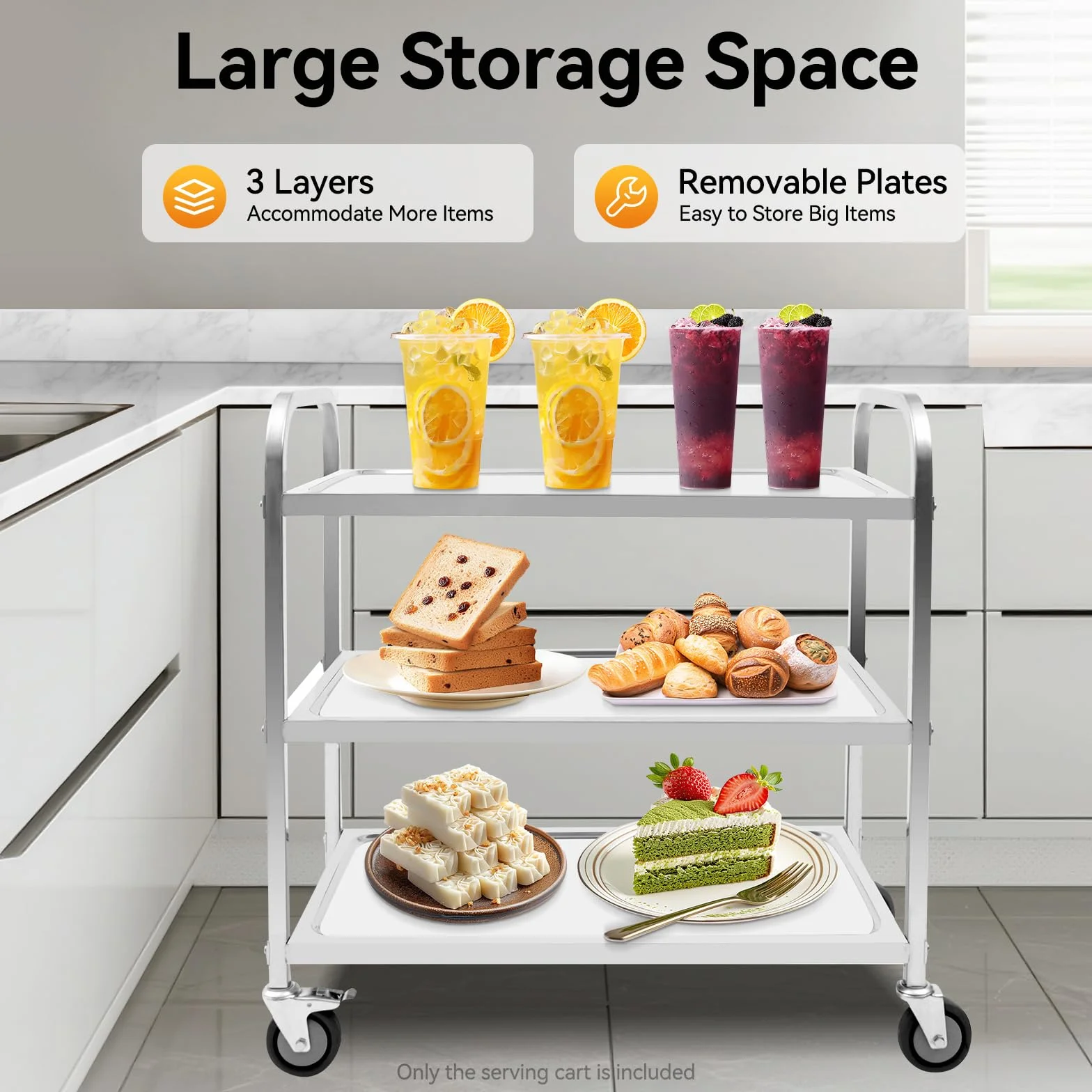 Carro de servicio de 3 niveles de acero inoxidable con ruedas y freno, carrito de cocina para cocina, restaurante, laboratorio y medicina, ruedas universales para uso doméstico y comercial