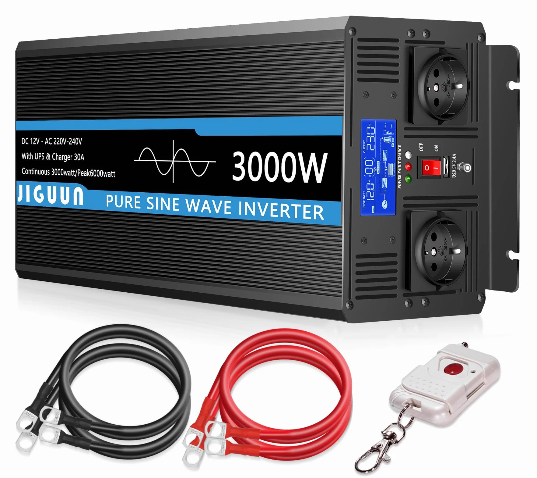 JIGUUN 3000W Inversor 12V 220V Onda Pura Inverter con Cargador 30A y Circuito Prioritario de Red y SAI，2 Tomas EU, Mando a Distancia Inalámbrico y Pantalla LCD Potencia Pico 6000W