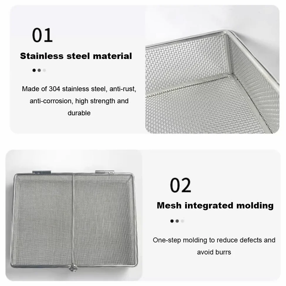 Bandeja de instrumentos con tapa, cesta de malla de acero inoxidable para esterilización y limpieza de instrumentos quirúrgicos, estuche de suministros médicos, 40 x 30 x 7 cm