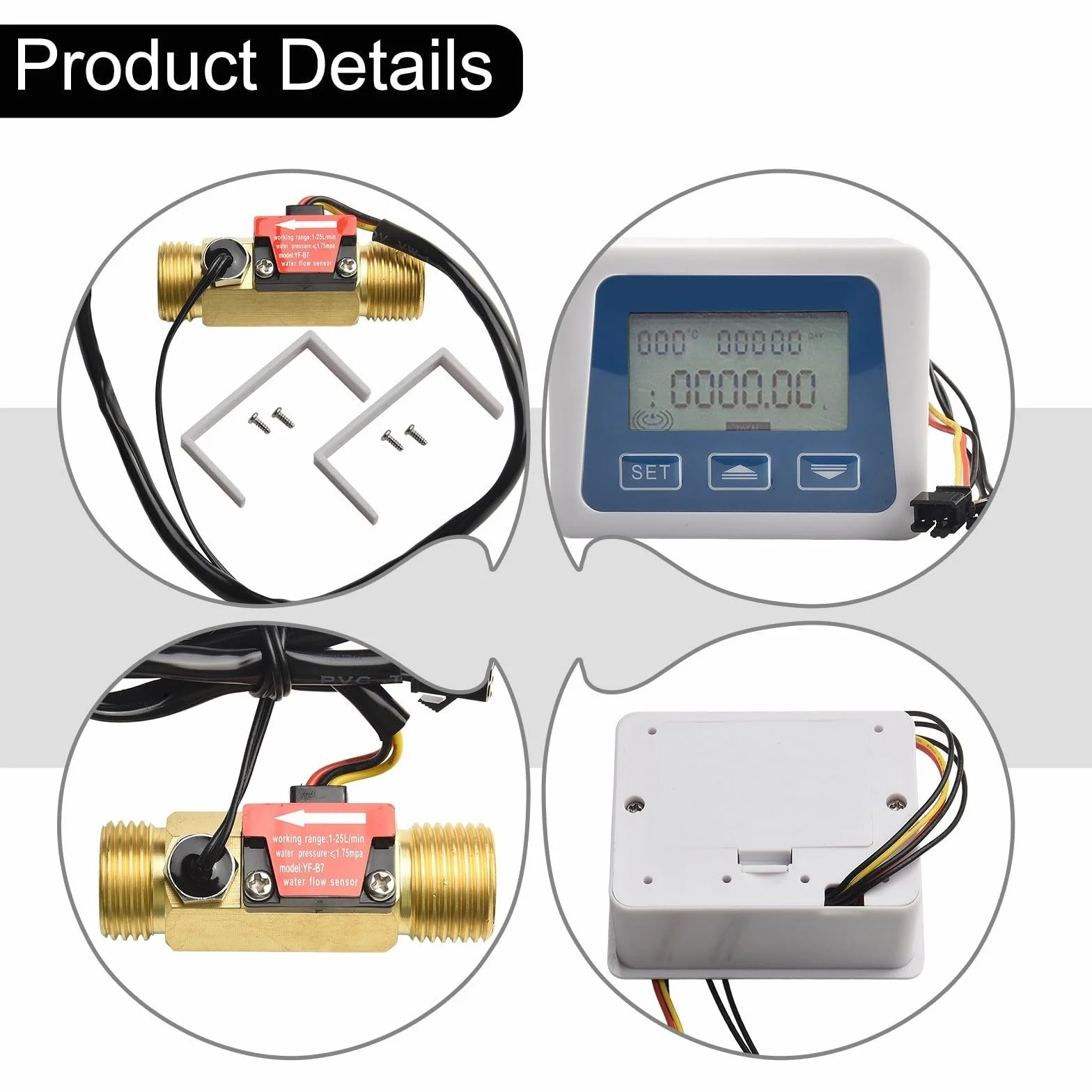 Medidor de flujo digital pantalla LCD sensor agua combustible 1-25 l/min rosca G1/2 CC 3.5-24 V monitor temperatura volumen total