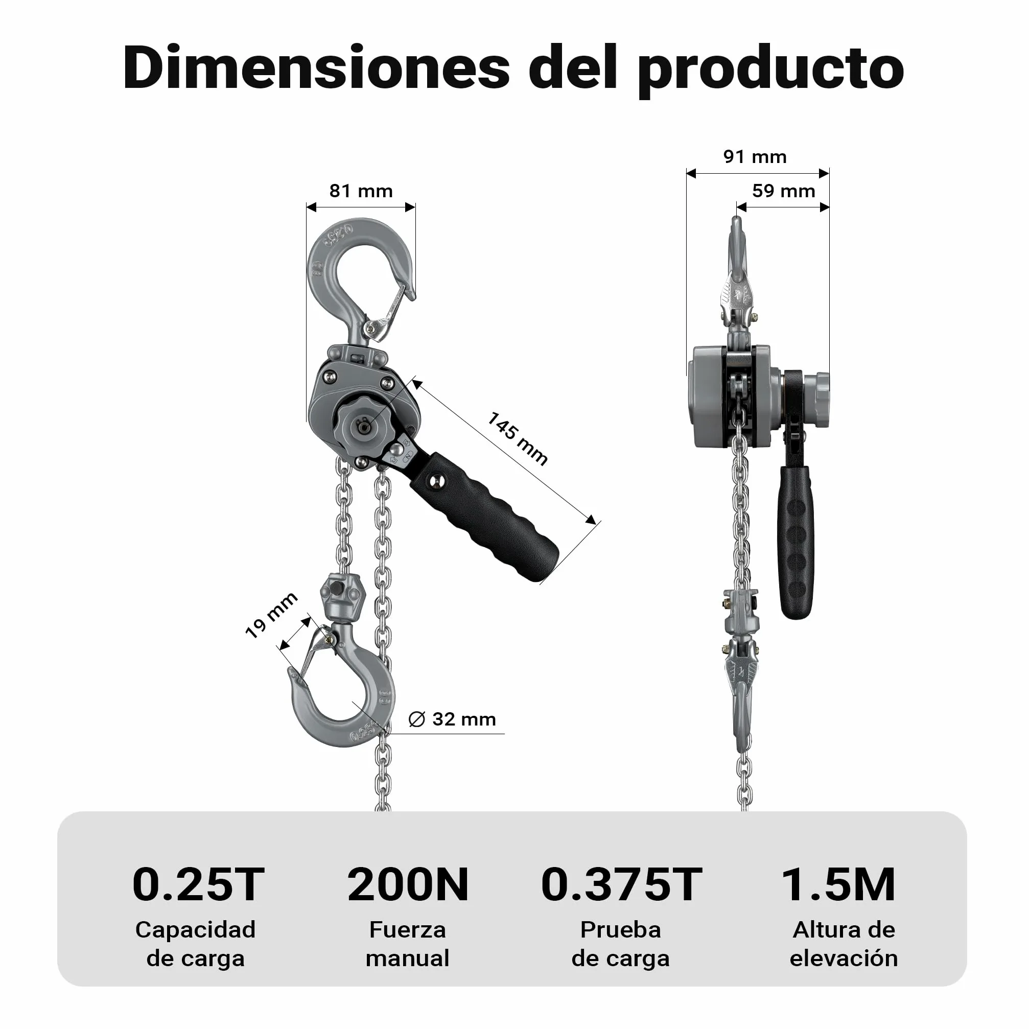 Wiltec Mini polipasto de palanca 250 kg con cadena G100 y carcasa de aluminio cabrestante manual de 1,5 m de elevación sistema de freno y engranaje reductor para mayor seguridad y facilidad de uso