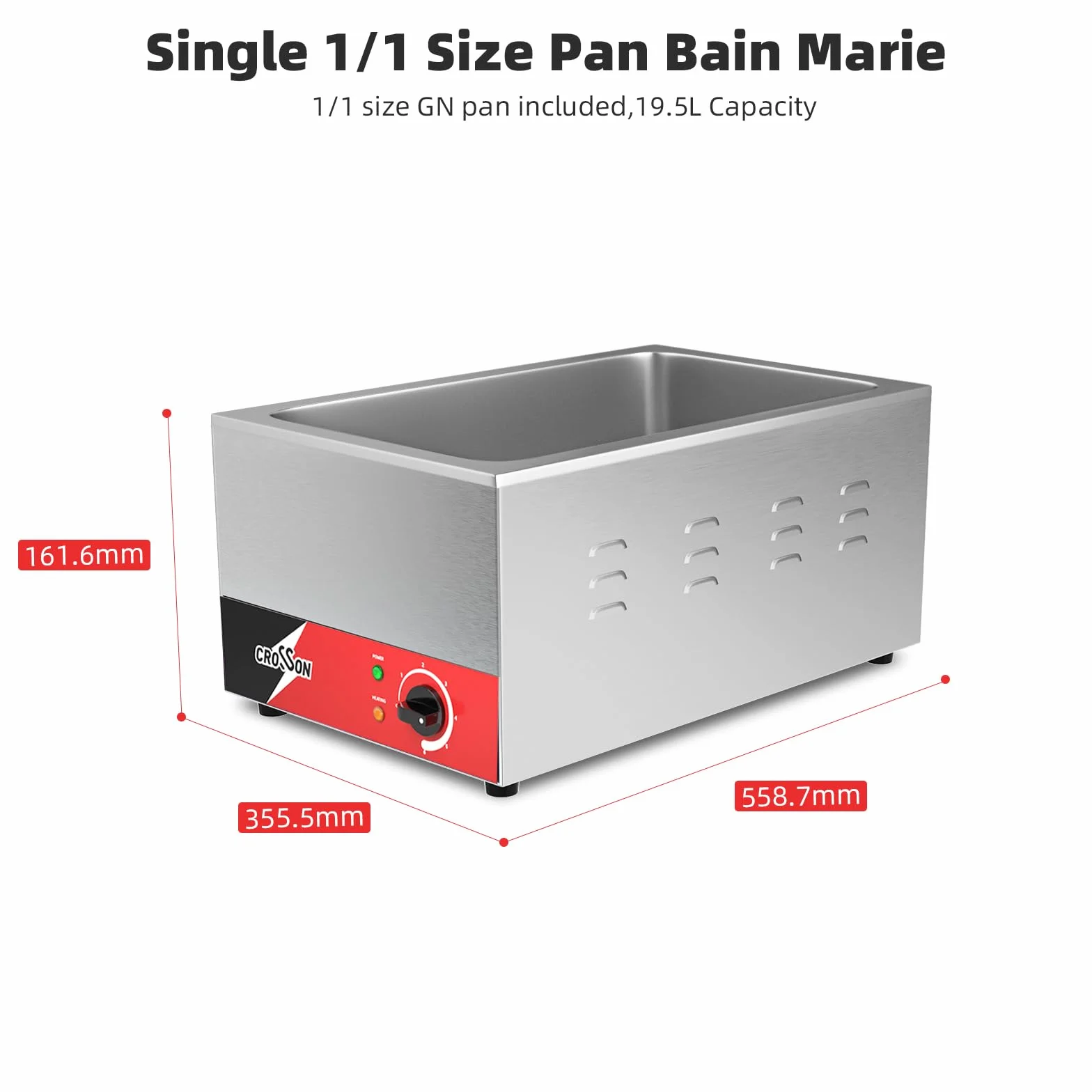 CROSSON Bain Marie Gastronorm 1/1, Calentador de Alimentos Profesional, Temperatura Ajustable 35-85°C