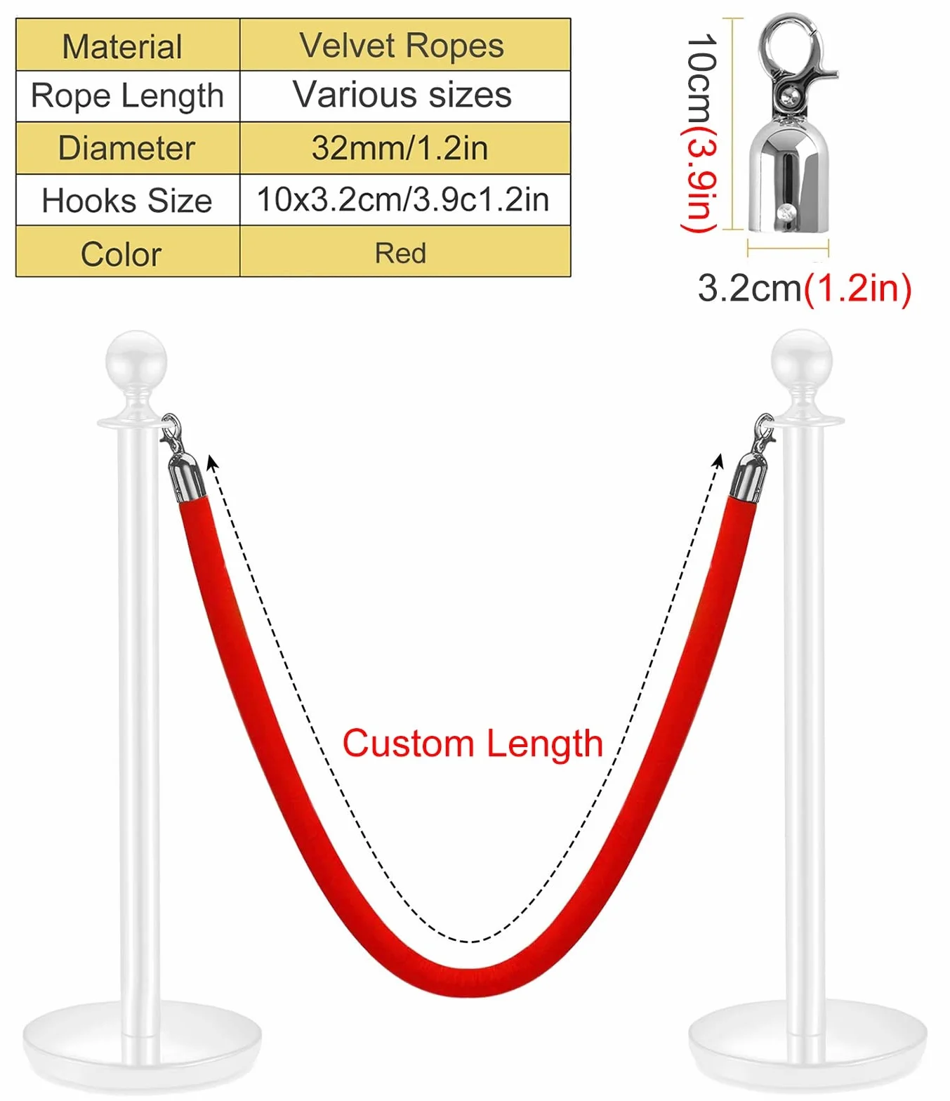 Stanchion Rope Crowd Control Queue Barrier 2 Pcs Red Safety Barrier Ropes 3-16.4ft Length for Exhibition