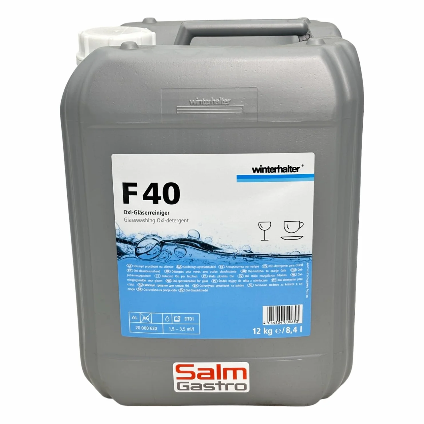 Winterhalter - Detergente líquido F40 para lavar cristal de 12Kg. Lavavajillas industriales. Lavado higiénico y brillante. 100% Biodegradables.