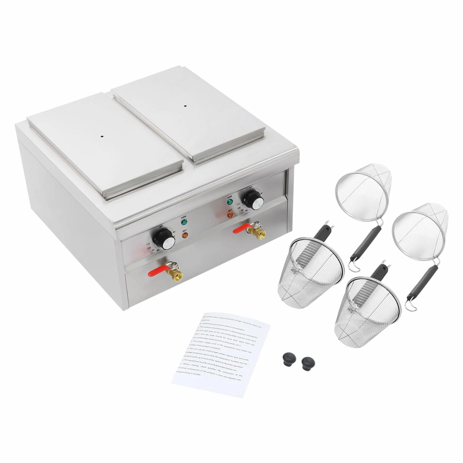 Cocedor de pasta eléctrico de acero inoxidable, 30 – 110 °C, con 4 cestas de colador y 2 tapas, para cocinas, restaurantes y restaurantes de pasta, 2 × 2 kW (plata)
