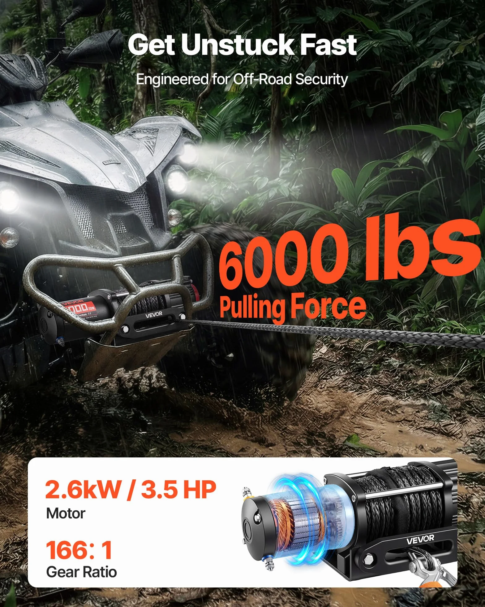 VEVOR Cabrestante Eléctrico 12V 2721 kg para ATV UTV con Cuerda Sintética de 6 mm x 15 m, Motor 2,6 kW, Control Remoto con Cable, Guía de Cable, Gancho y Soporte de Montaje para Exteriores Todoterreno