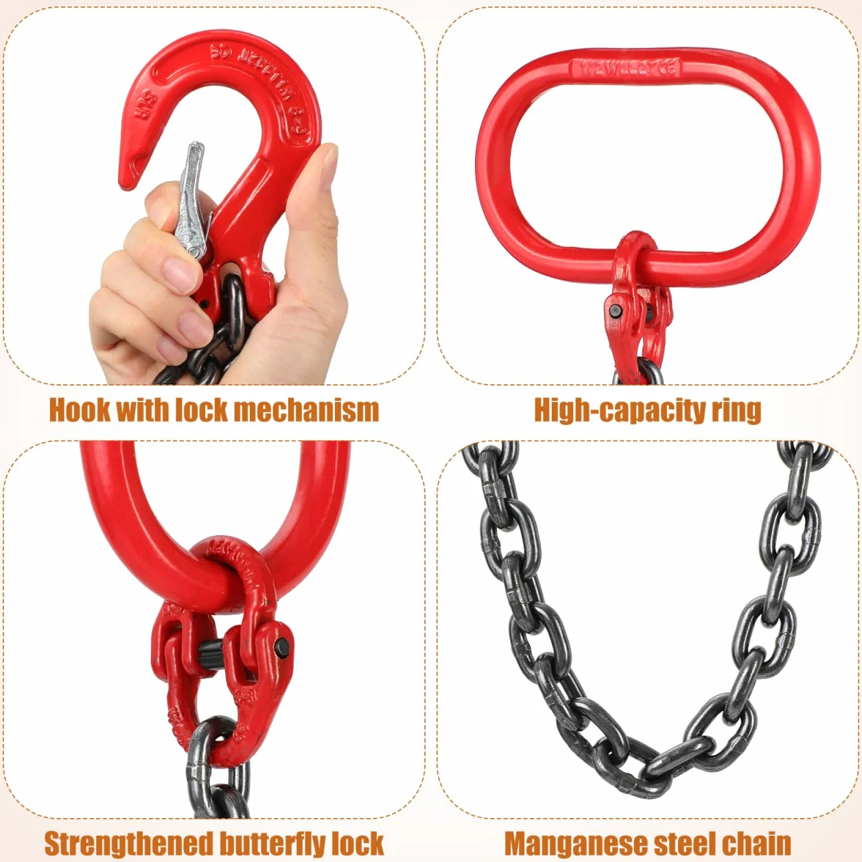 Cabilock Hebeschlinge 1-Strang-Hebekette Kettenschlinge mit Haken Manganstahl Arbeits-Rigging-Hebel