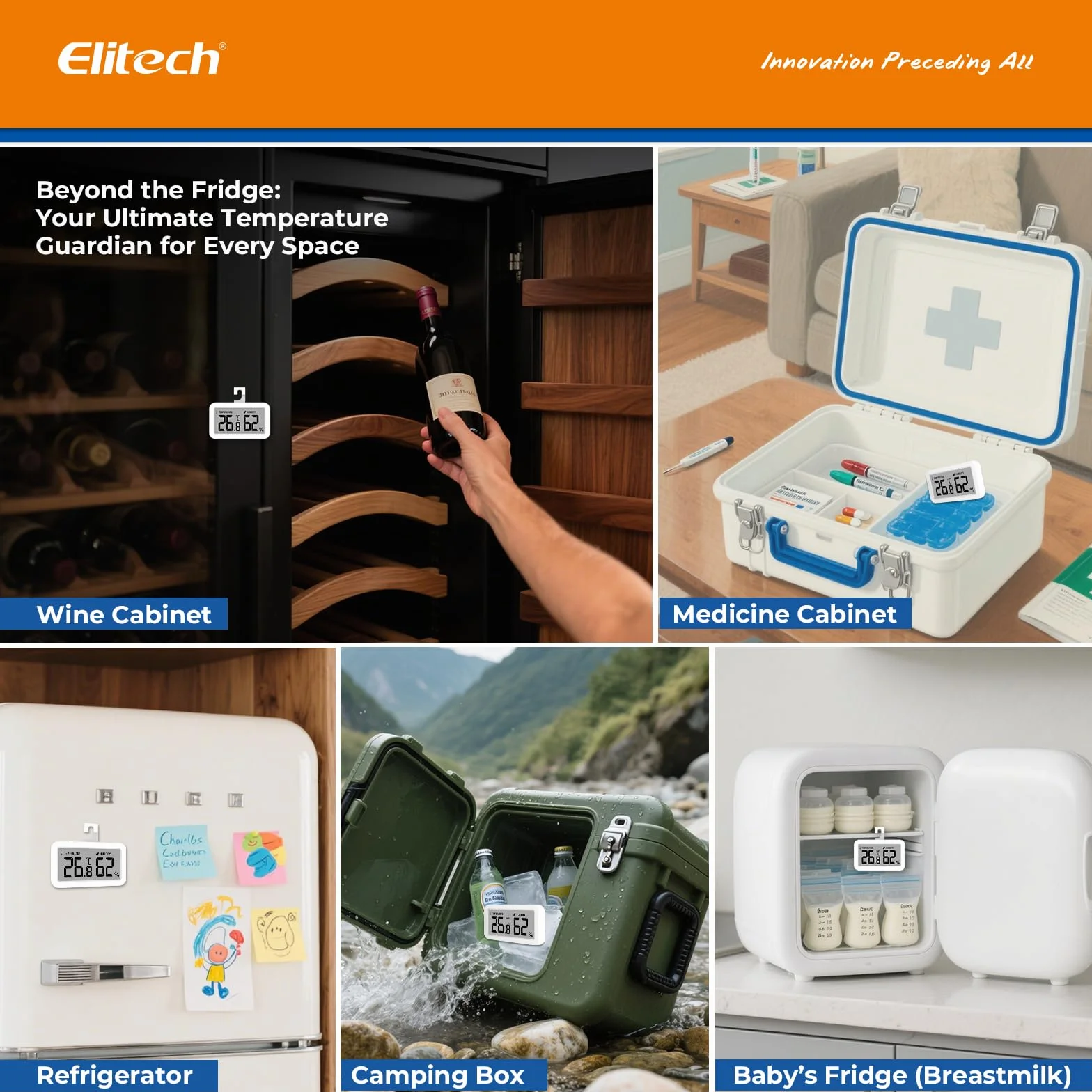 Elitech TM-2 Termómetro para frigorífico control temperatura humedad fijación magnética gancho