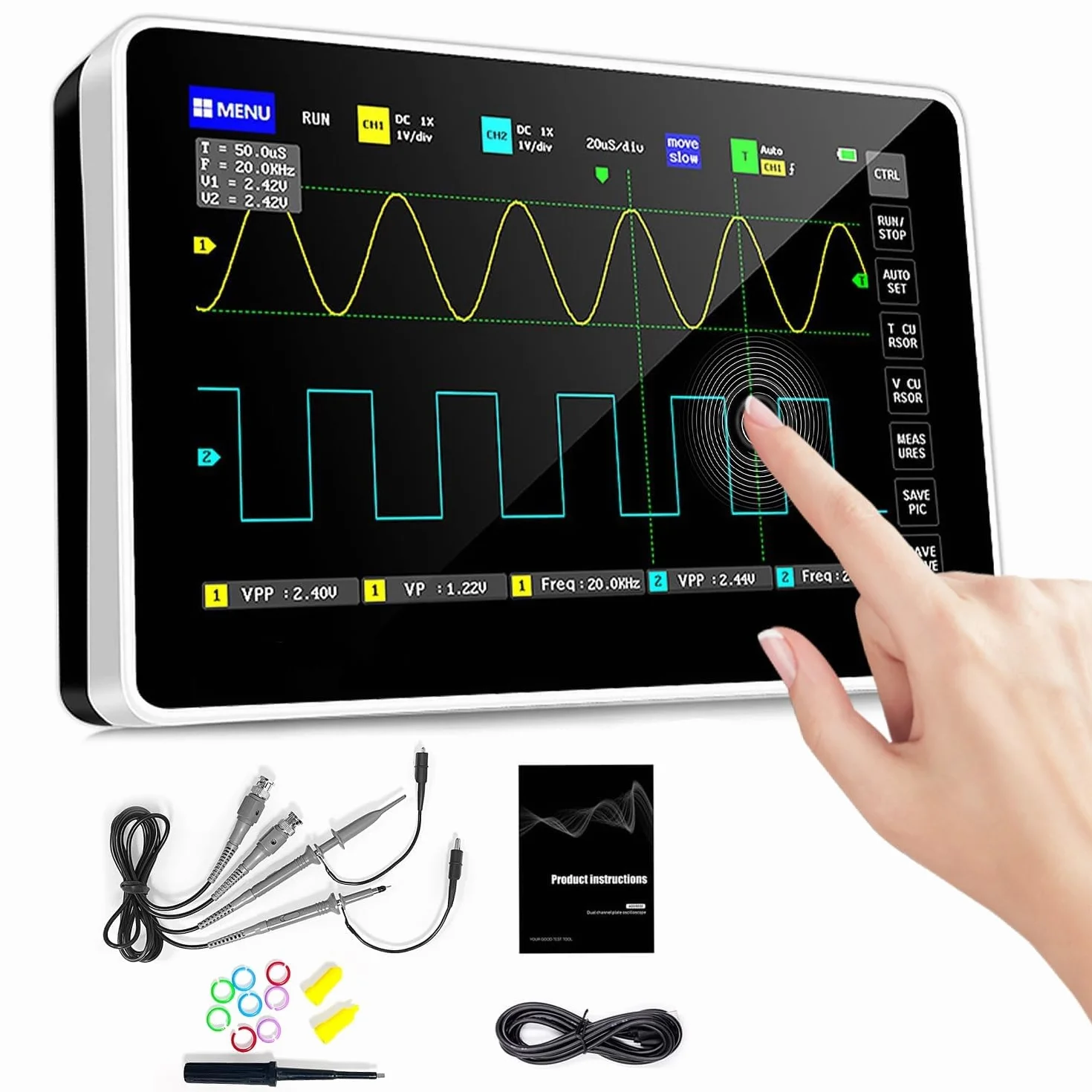 Osciloscopio Portatil, AOPUTTRIVER Osciloscopio Digital de 100 MHz Ancho de Banda con 2 Canales, Frecuencia de Muestreo 1GSa, Pantalla Táctil Grande de 7 Pulgadas, Memoria de 1 GB