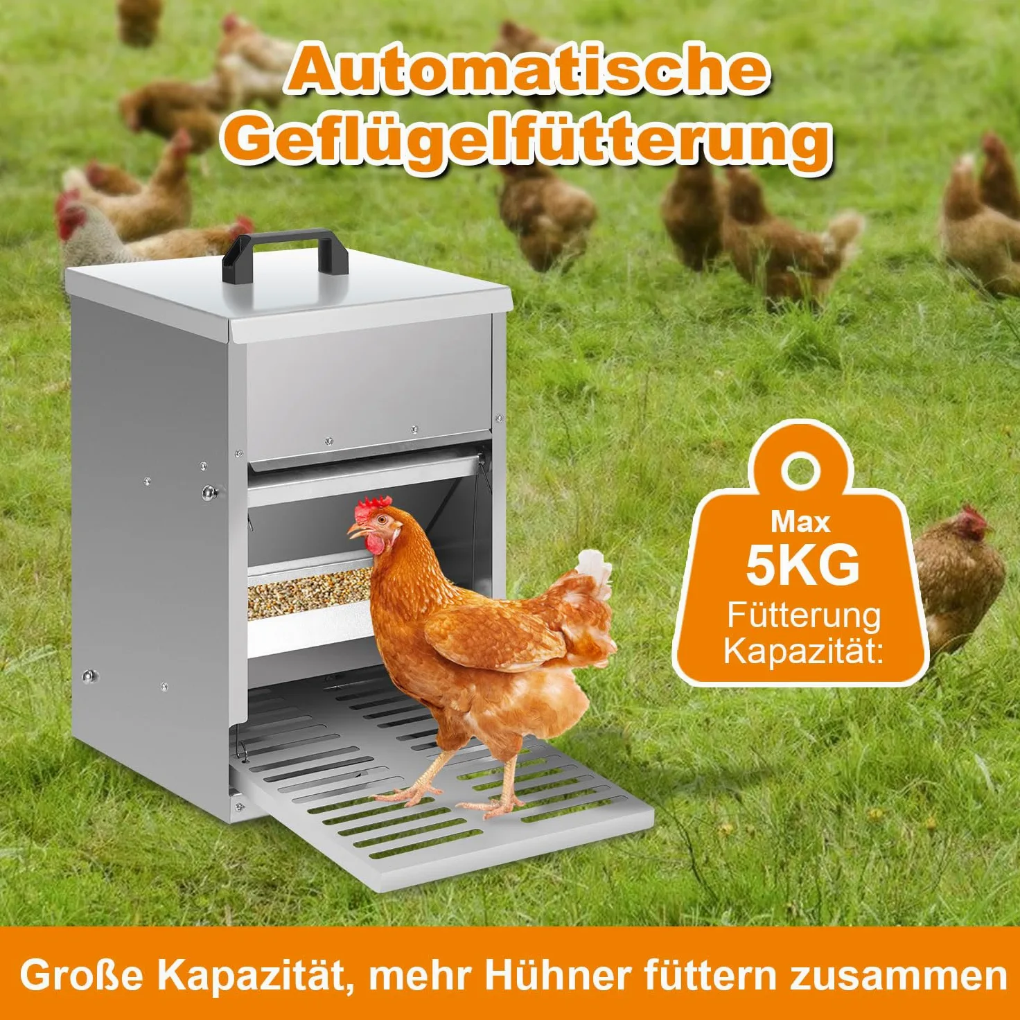 2 Dispensadores Pienso Automáticos para Gallinas, 5 kg, Galvanizado, Comedero para Pollos con Placa de Estribo, Tapa, Resistente al Agua, Comedero a Prueba de Ratas