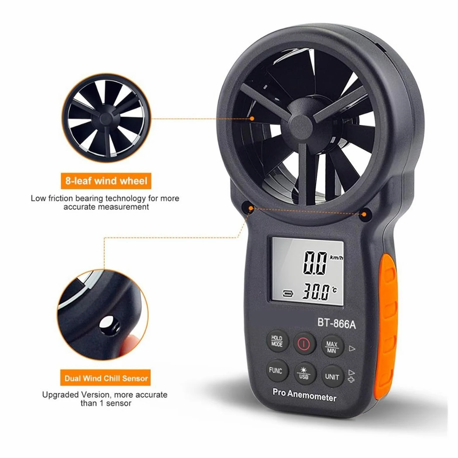 Anemómetros, Anemómetro digital portátil con medidor de CFM y conexión USB. Medidor de flujo de aire que mide la temperatura y velocidad del viento.