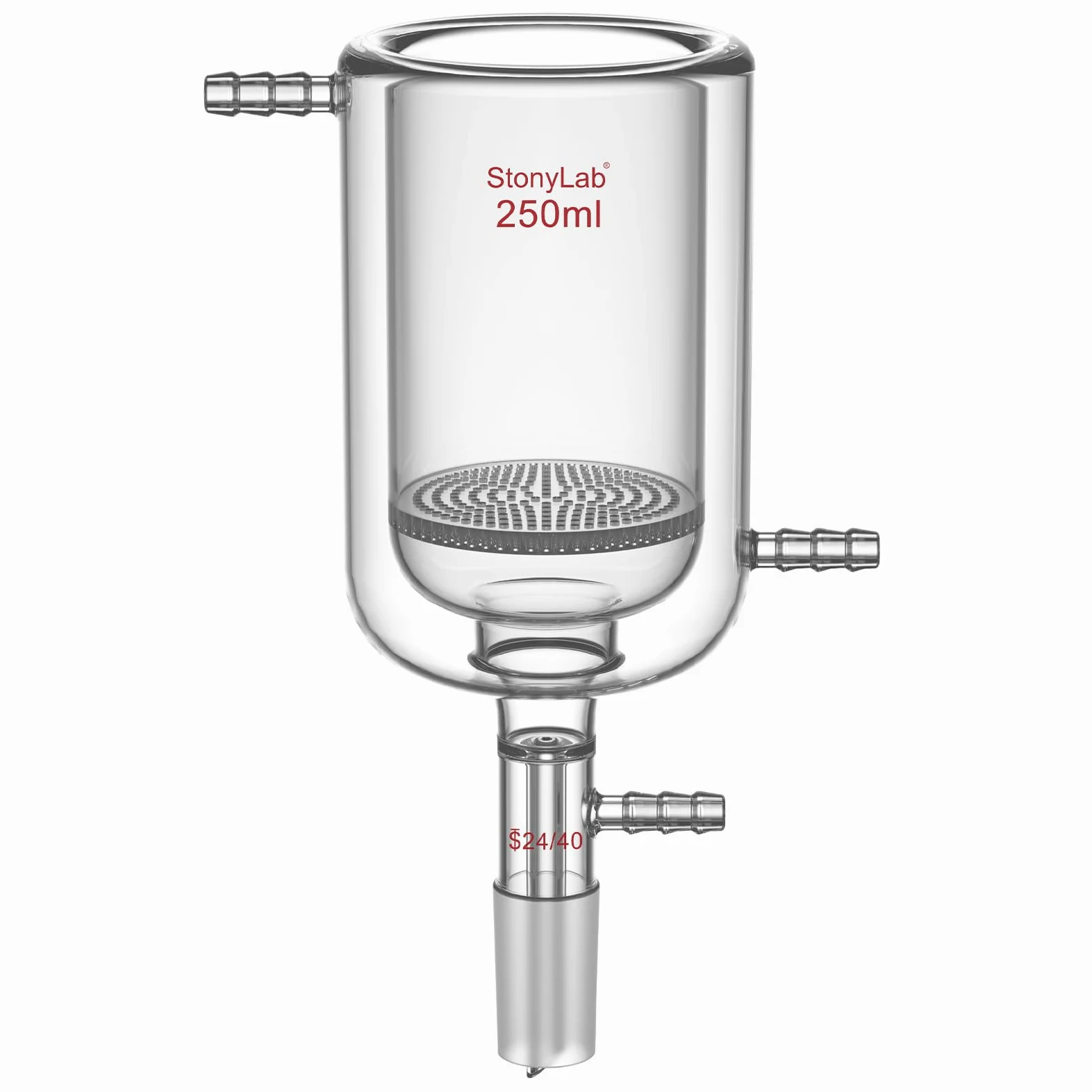stonylab Embudo Buchner de Vidrio con Camisa y Disco Fritado de 1,5 mm, 250 ml, Unión 24/40 y Conexión de Manguera de 10 mm para Filtración al Vacío en Laboratorio