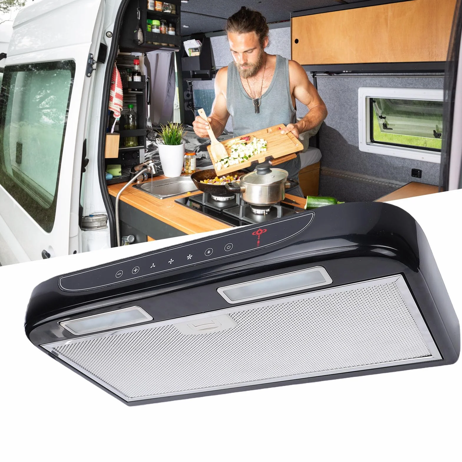 Tbest Campana Extractora para Autocaravanas, 12 V, Acero Inoxidable, Pantalla Táctil, Luz LED, Campana Extractora para Cocina, Ideal para Autocaravanas, Yates y Apartamentos pequeños.