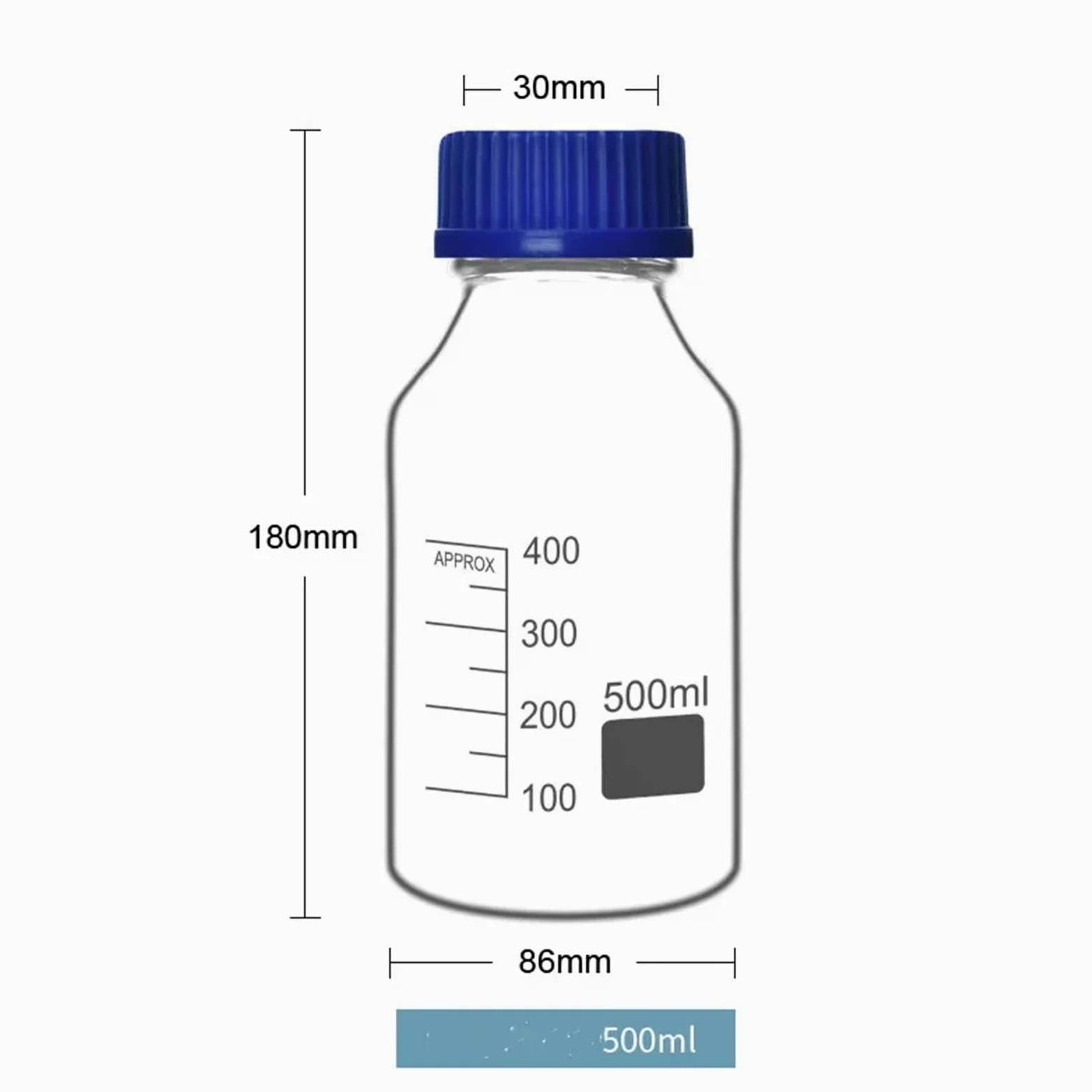 Frasco de vidrio para reactivos de laboratorio, Frascos de reactivo graduados de vidrio con tapa azul sellados en laboratorio 50-500 ml(500ml-2pcs)