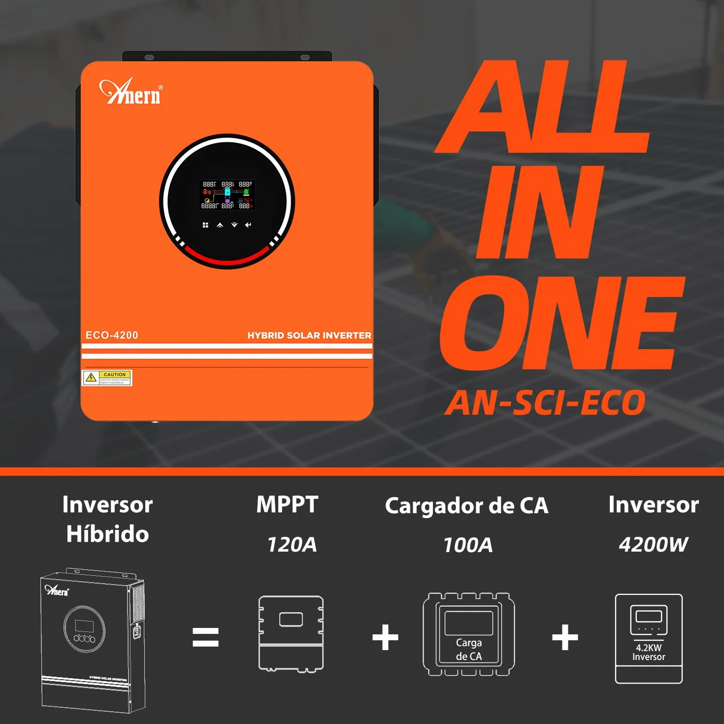 Anern 4200W Inversor Solar Híbrido 24V DC a 220V-240V AC, Controlador Solar MPPT de 120A Integrado, Funciona con Baterías de Plomo y Ácido de Litio de Tensión de Entrada PV Máx. 450V con WiFi