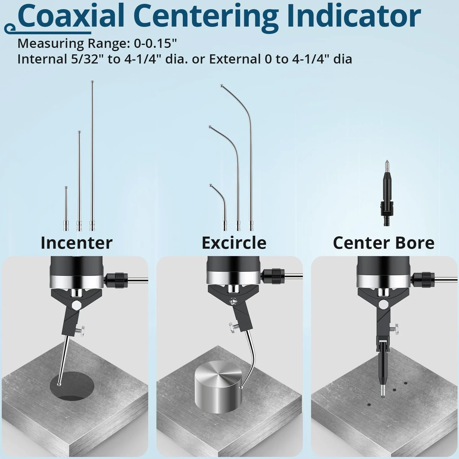 Indicador de prueba con esfera de centrado coaxial, rango de 0 a 0,4 cm con resolución de 0 cm, indicador coaxial para fresadoras y escariadoras, varilla de montaje de sujeción de 0,95 cm