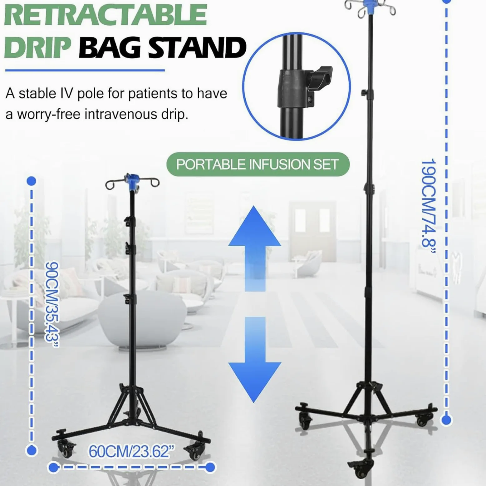Soporte para Suero - Soporte Intravenoso para Hospital con Gancho para Botella | Equipo Plegable con Ruedas para Clínicas Asistencia Domiciliaria Uso Diario Interior Y Exterior