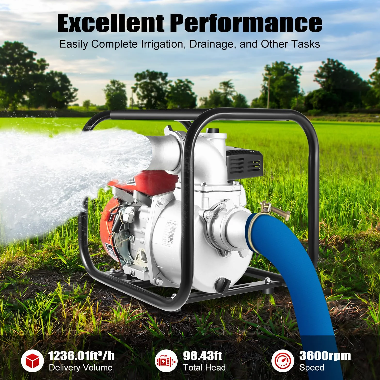 OUKANING Bomba de agua de gasolina 7,5 HP, altura de extracción de 30 m, conexión de 2 a 3 pulgadas, motor de bomba de jardín de 4 tiempos, portátil para riego, drenaje, agricultura y bomberos (tipo B