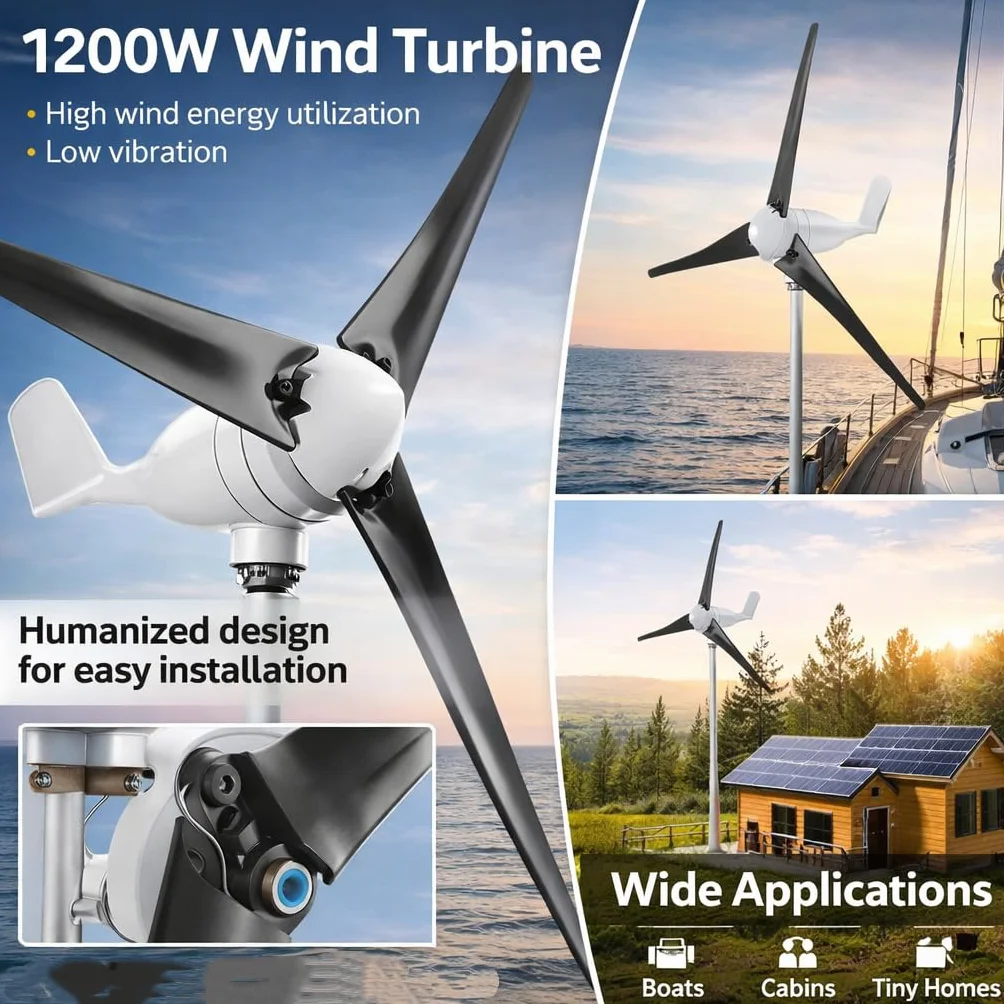 Generador de Turbina de Viento 1200W con 3 Palas y Controlador, Kit para Carga Marina Doméstica (Negro 24V)