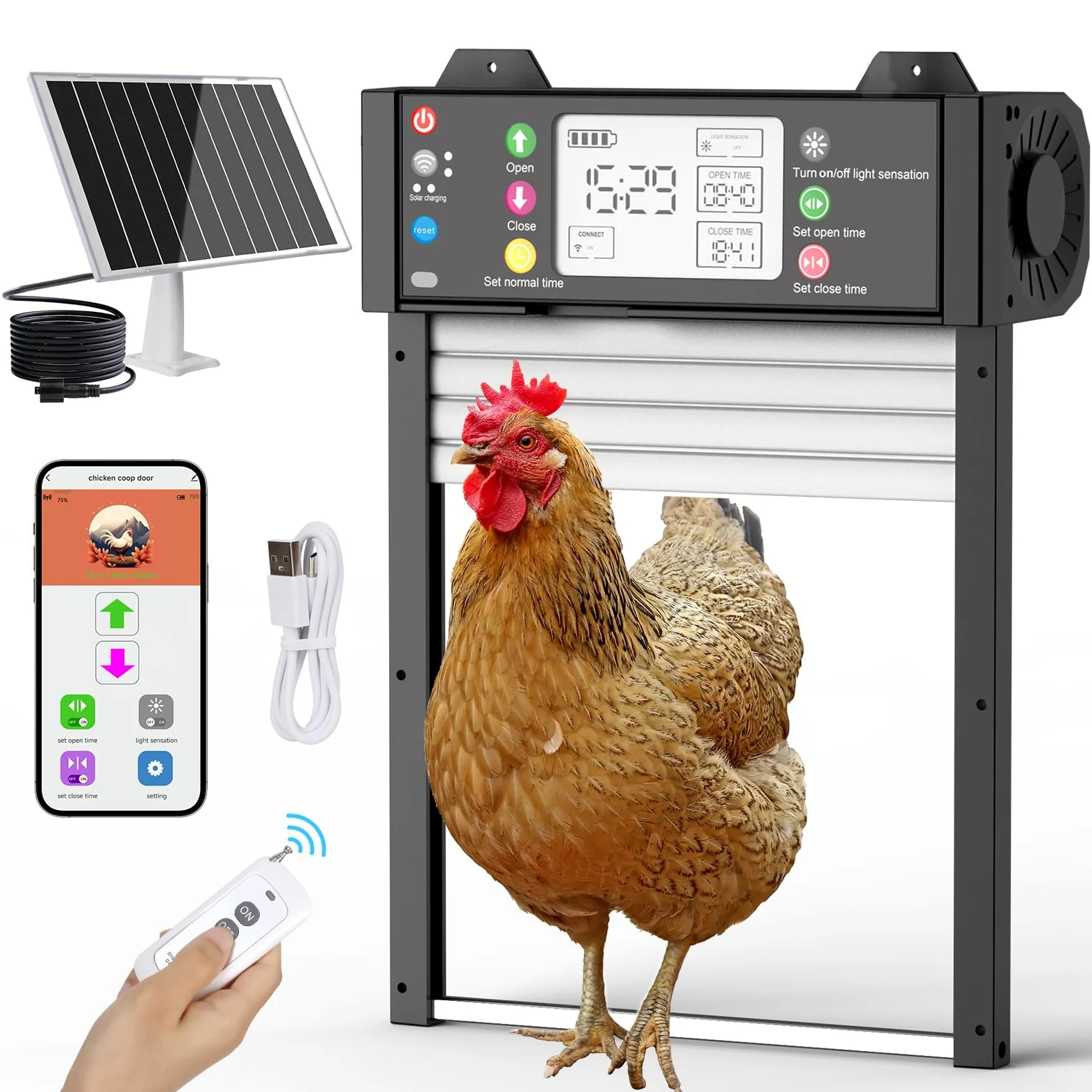 Puerta de pollo automática – Puerta eléctrica para pollos con WiFi y aplicación Tuya, estado en tiempo real, puerta automática de pollo con sensor de luz y temporizador, protección contra atascos
