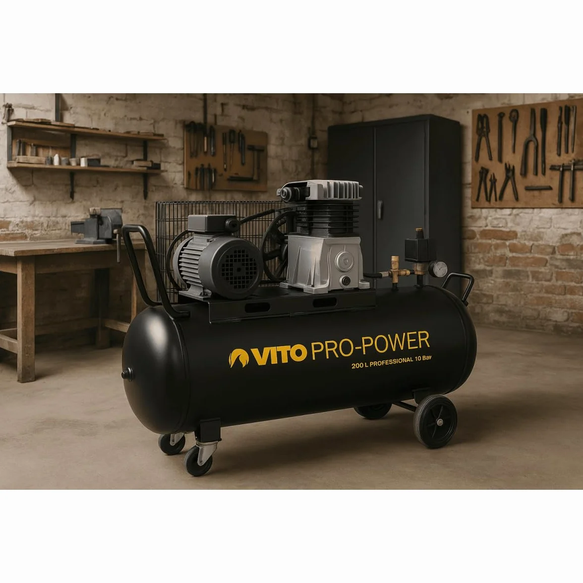 VITO Black Series - Compresor de aire (200 litros, 10 bares, 230 V, 4 CV, 10 bares de presión de funcionamiento (máx. 12 bares), 400 l/min, compresor de aire de 200 L, lubricado con aceite, compresor