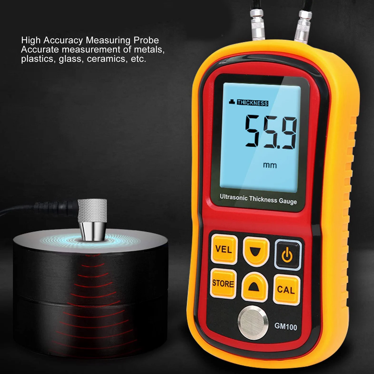 Fyearfly Medidor De Espesor Digital, Medidor De Espesor Ultrasónico Multiusos Pantalla Digital LCD De 4 Dígitos Probador De Medición De Espesor Eléctrico 5MHz GM100