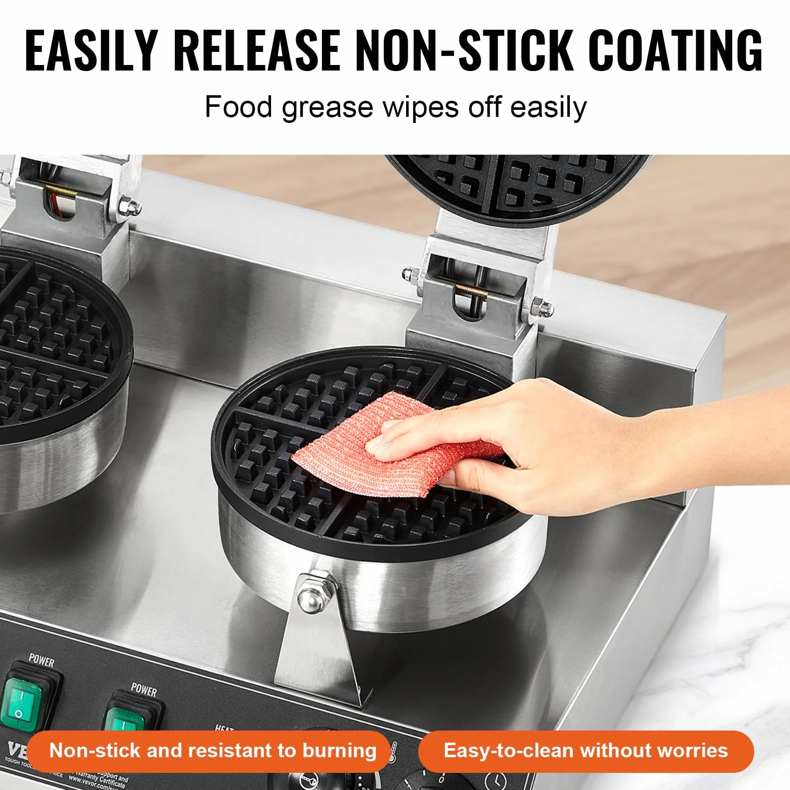 VEVOR Máquina para Hacer Gofres Comerciales, Doble Cabezal, Acero Inoxidable Antiadherente de 2460 W con Control de Temperatura y Tiempo, Asa, para Restaurantes, Familias y Bares, 500 x 470 x 260 mm