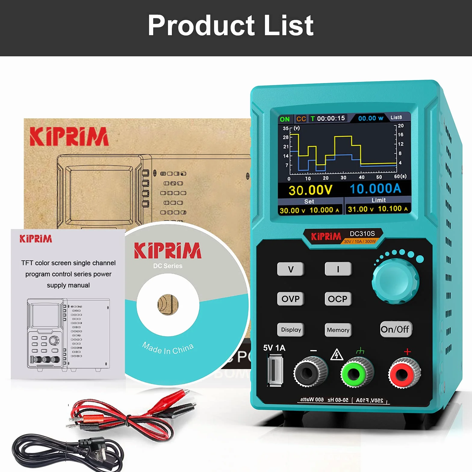 Kiprim Fuente de Laboratorio Regulable, 0-30V 0-10A 300W con Memoria Rápida M1-M4, Fuente DC Programable con Pantalla TFT, Protección OVP/OCP/OTP, Puertos USB - DC310S
