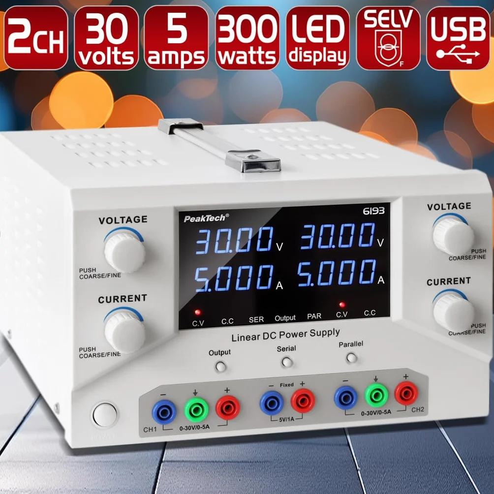 PeakTech, 6193, Fuente de alimentación de laboratorio 2 x 0, 30 V / 0, 5 A DC SELV fuente de alimentación lineal con transformador de aislamiento, fuente de alimentación de laboratorio con USB