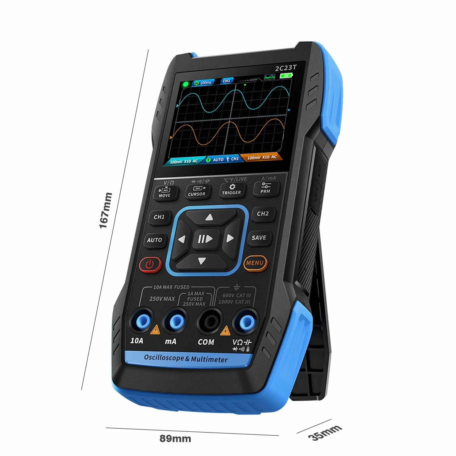 DEWIN Osciloscopio 2C23T,Osciloscopio Digital Osciloscopio Portatil/Multímetro/Generador de Señales dds 3 en 1,2 canales 10MHz Ancho de banda 50MSa/s Frecuencia de muestreo 9999 recuentos