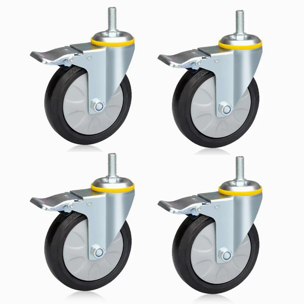 Ruedas giratorias Resistentes con Rosca M12 para Muebles y Transporte Industrial, de 3 pulgadas/100 mm/4 Pulgadas, 300 kg-500 kg, con Freno, silenciosas, de Goma, Resistentes al Polvo, para fábricas,