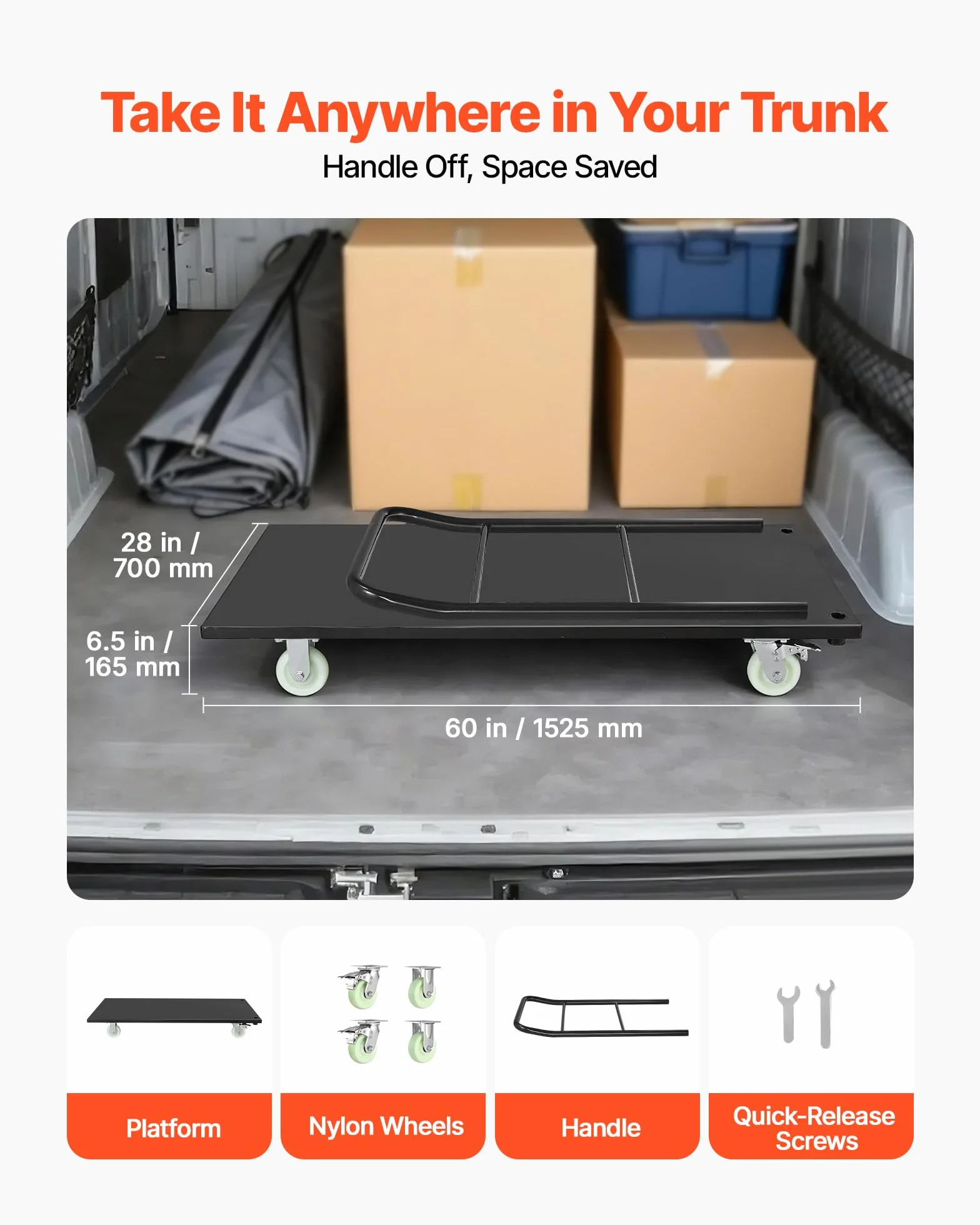 VEVOR Carro Plataforma Plegable 1525x700 mm para Trabajo Pesado, Carretilla de Transporte Carga de 907 kg, Carrito Portaequipajes con Plataforma con Ruedas, para Tareas Domésticas, Almacén, Mudanza