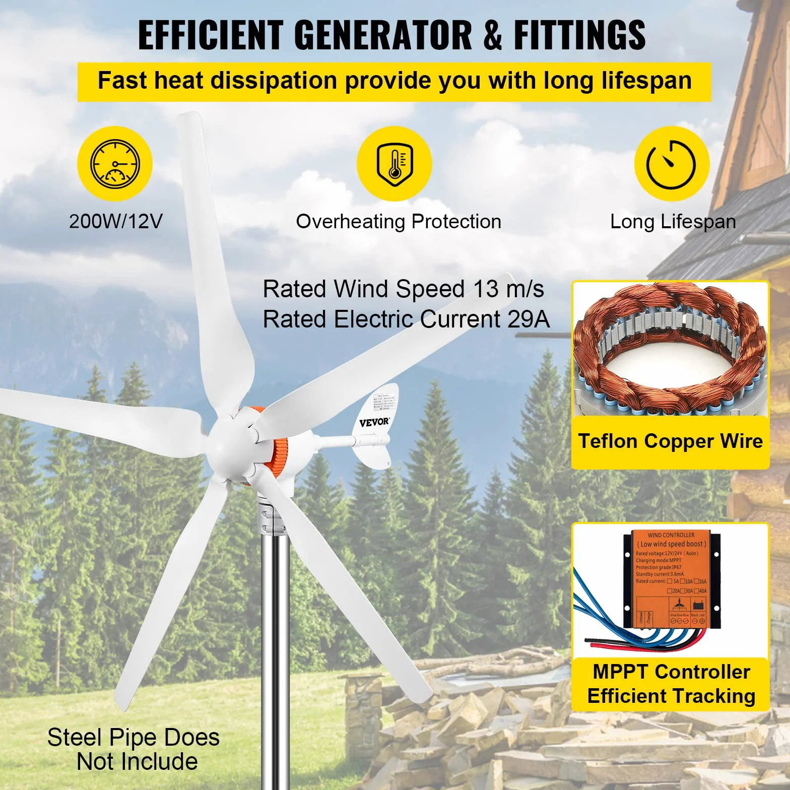VEVOR Generador de Turbina Eólica 12 V 500 W Aerogenerador Horizontal 5 Cuchillas Velocidad Nominal 13 m/s, Kit Resistente y Durable con Controlador de Carga MPPT para Hogar, Chalets