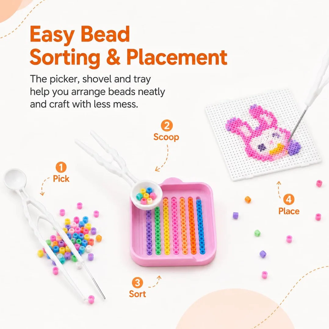 Pegboards Transparentes Resistentes al Calor para Perlas Hama 2,6mm 14,5×14,5cm con Pinzas Rosas, Espátula y Bandeja