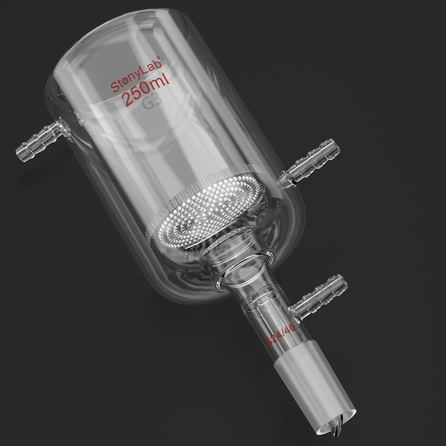 stonylab Embudo Buchner de Vidrio con Camisa y Disco Fritado de 1,5 mm, 250 ml, Unión 24/40 y Conexión de Manguera de 10 mm para Filtración al Vacío en Laboratorio
