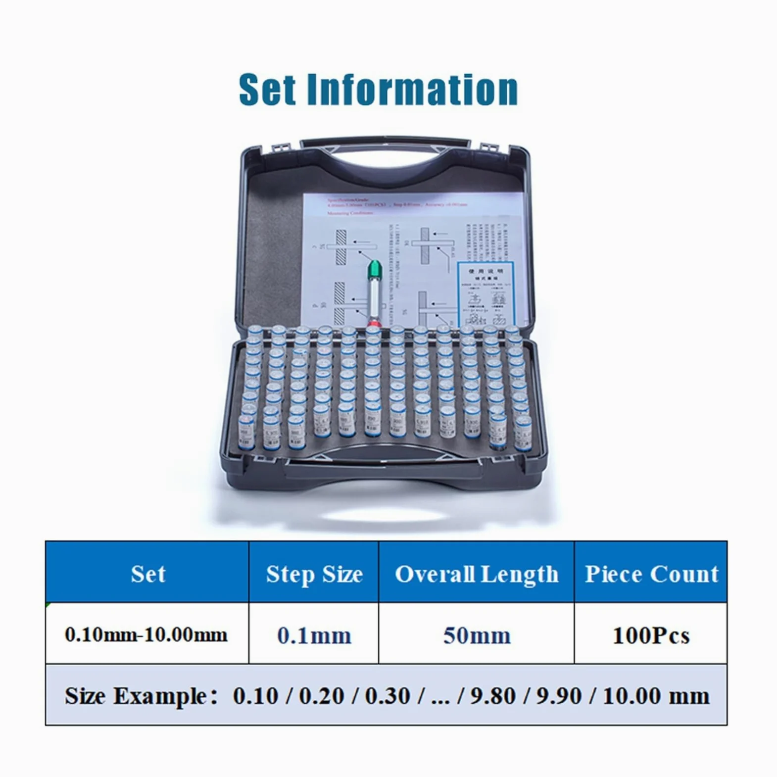 Juego De Calibradores De Precisión De 10mm, Paso 0,01/0,05/0,1mm, Herramientas De Inspección Y Calibración De Micrómetro De Acero Medición precisa(0.10-10.00mm 100Pcs)