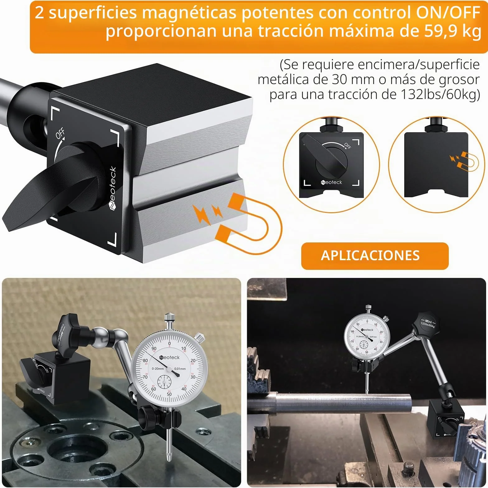 Neoteck Reloj Comparador 0-20mm Indicador de Cuadrante 0.01mm con Base Magnética 132lbs/60kg para Torno CNC Impresora 3D